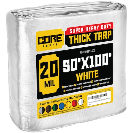 Core Tarps Heavy Duty Tarp, 100 ft L x 0.5 mm H x 50 ft W, 20 Mil, White, Polyethylene CT-704-50X100